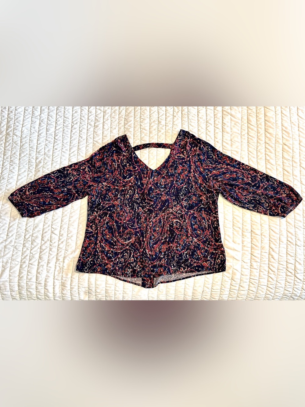 Liverpool Navy Multicolor Paisley V-Neck Cold-Shoulder Blouse